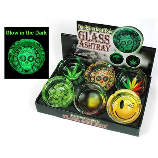 GLOW IN THE DARK ROUND SMALL GLASS ASHTRAY - DISPLAY OF 6