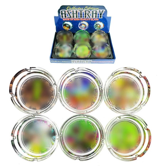 MIX DESIGN ROUND LARGE GLASS ASHTRAY - DISPLAY OF 6