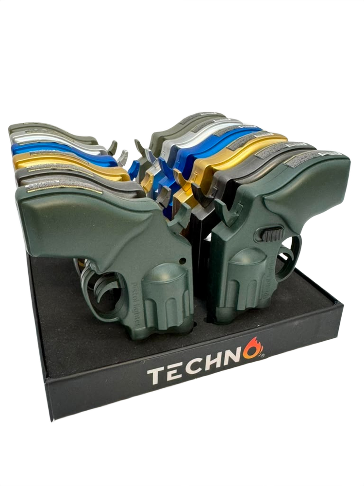 TECHNO REVOLVER PISTOL LIGHTER - DISPLAY OF 12